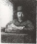 Rembrandt van rijn Self-Portrait Drawing at a window Sweden oil painting artist